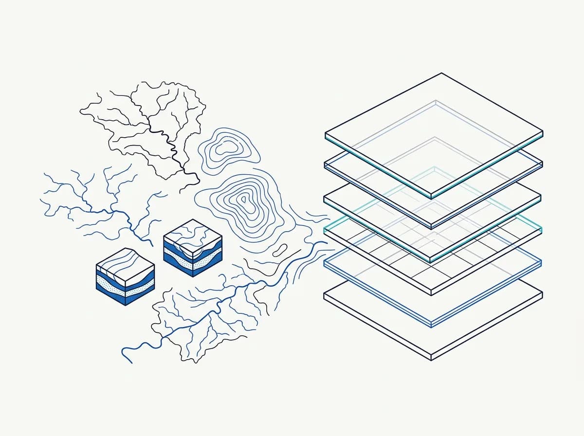 Hydrological maps and river networks converging into structured data layers